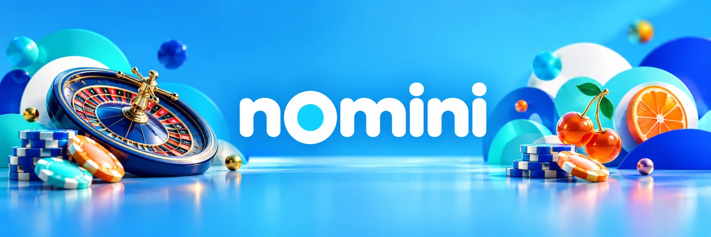Nomini Casino: roulette, fiches e frutta su sfondo blu